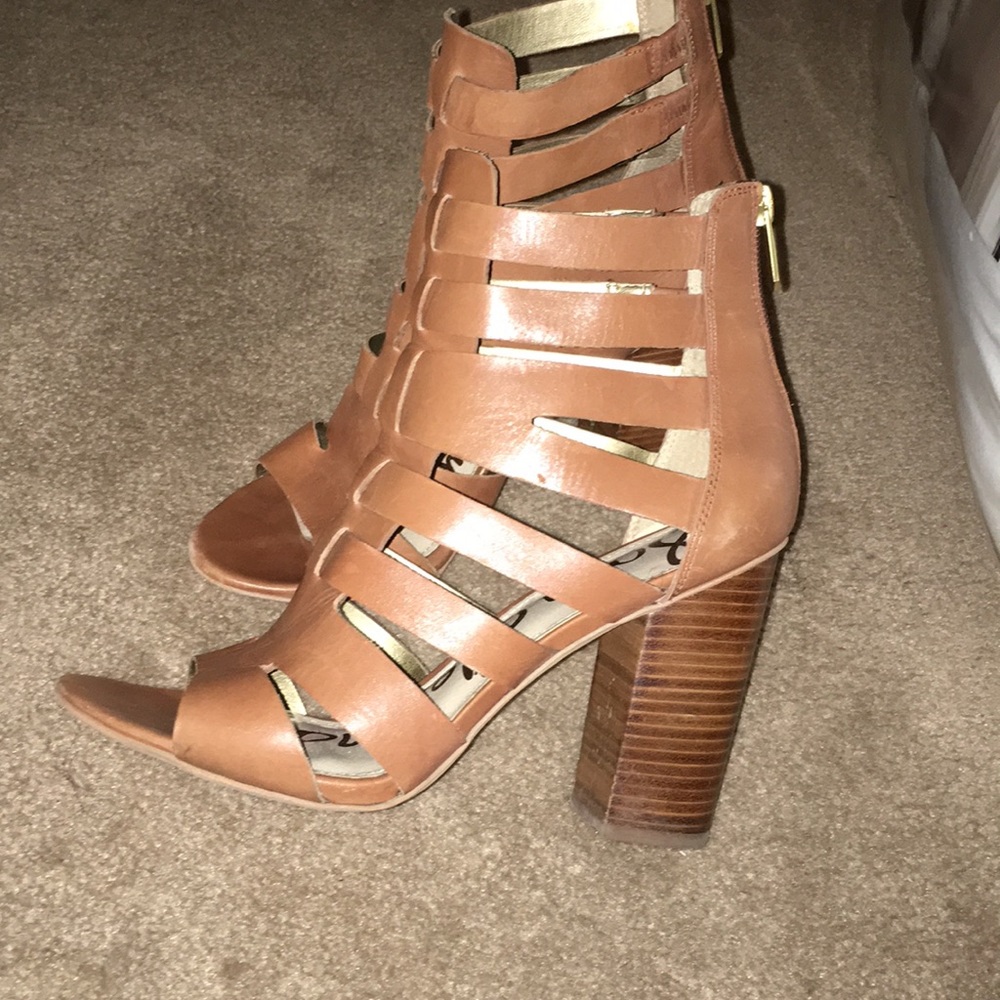 SAM EDELMAN TAN LEATHER GLADIATOR PEEP TOE HEELS
